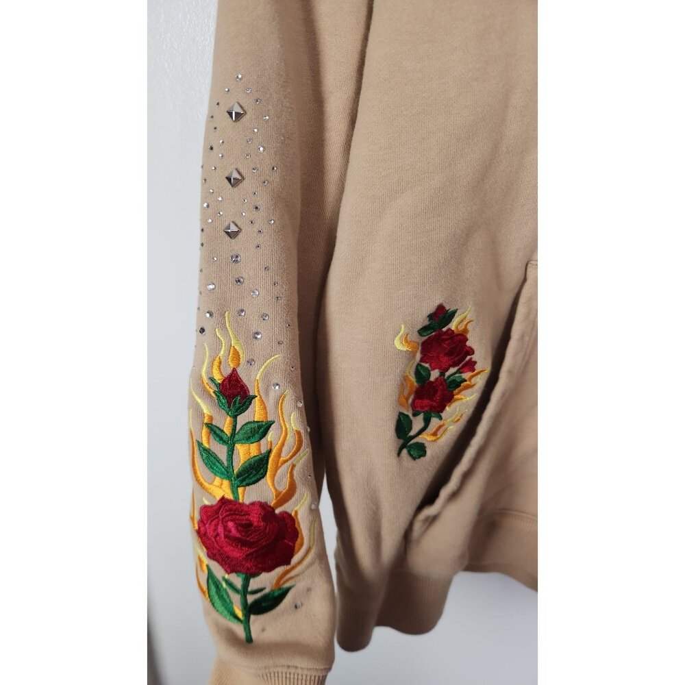 Teddy Fresh Women's Sz. S Embroidered Bling Tan Hooded Sweatshirt - Picture 4 of 5
